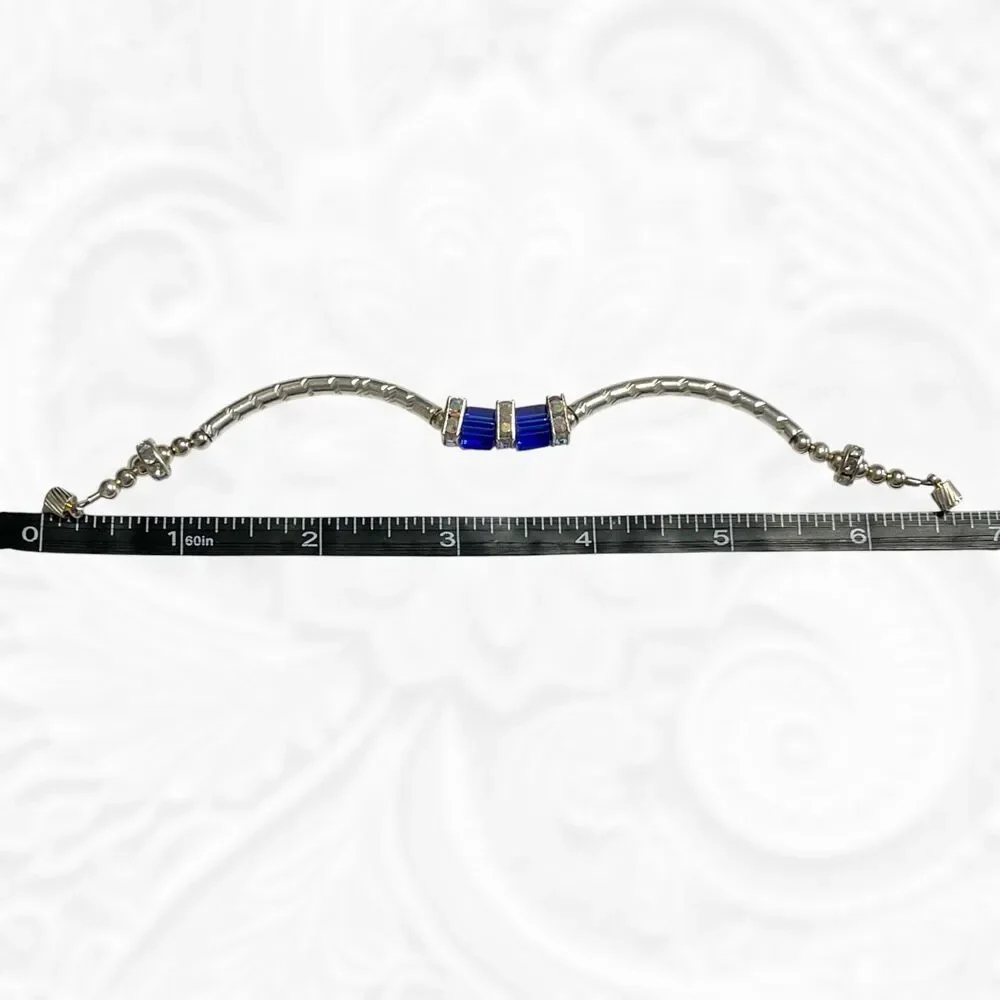Vintage Bracelet Silver Tone Curved Metal Tube Bead Blue Square Aurora Borealis